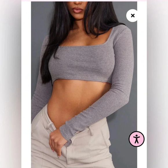 PRETTY LITTLE THING Khaki Marl Rib Round Neck Long Sleeve Crop Top Size 12 - Picture 6 of 11